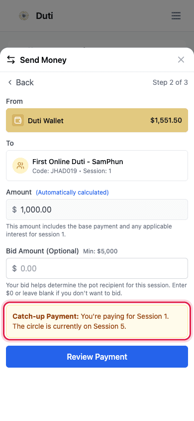 Payment sheet with the amber Catch-up Payment note highlighted