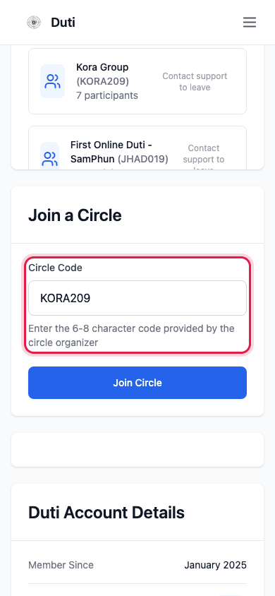 Join a Circle card on the User Info page with the Circle Code field highlighted