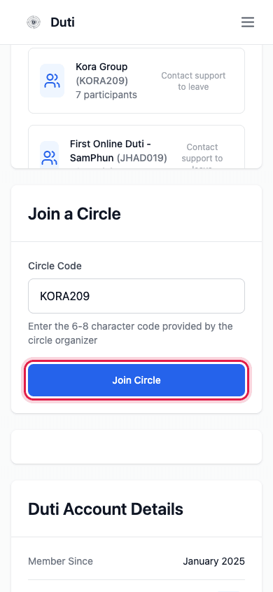 Join a Circle card with the blue Join Circle button highlighted