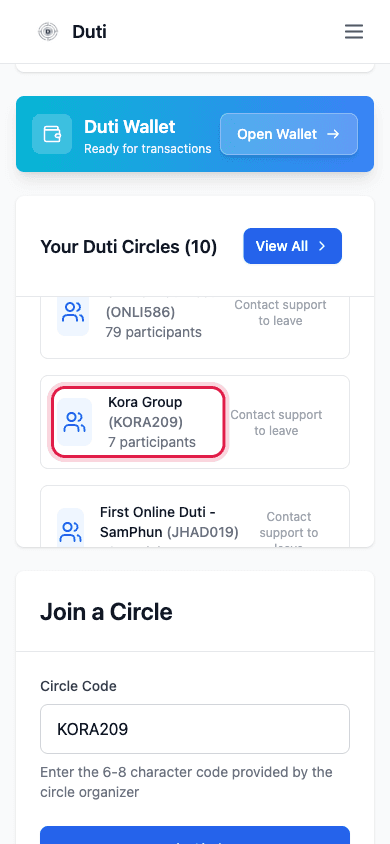 Your Duti Circles list showing the newly joined circle