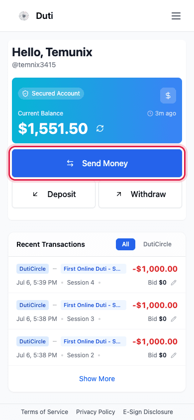 Duti Wallet balance card with the Send Money button