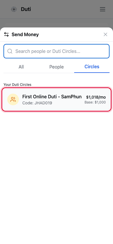 Circles tab with your Duti circle listed