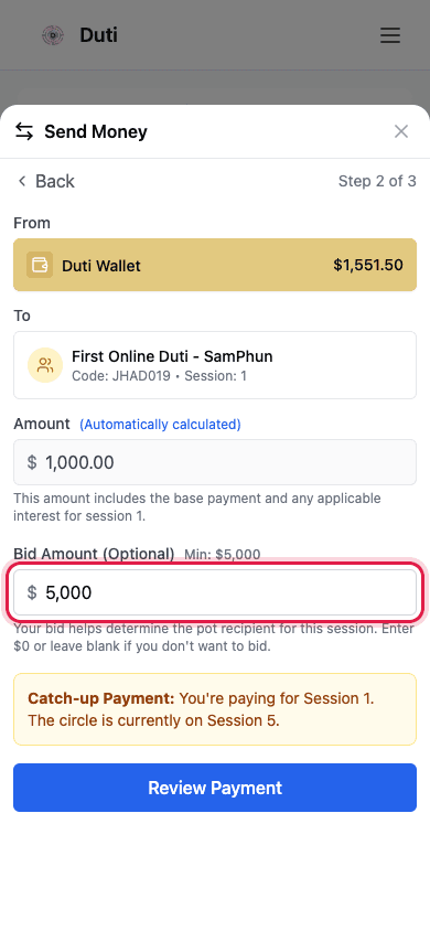 Optional bid amount field with a bid entered