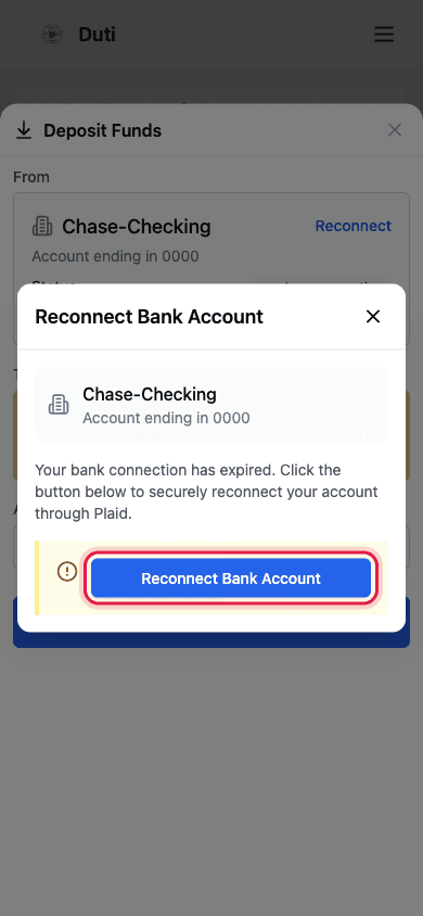 Reconnect Bank Account modal with the Reconnect Bank Account button