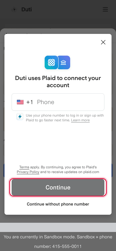 Plaid pane saying Duti uses Plaid to connect your account, with a Continue button