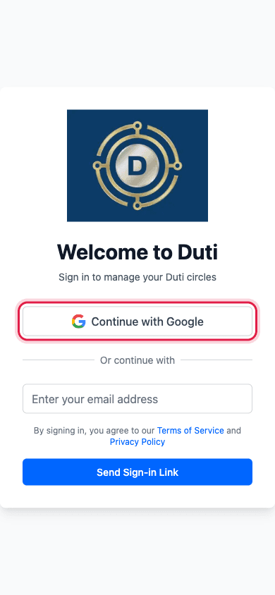 Welcome to Duti page with the Continue with Google button highlighted