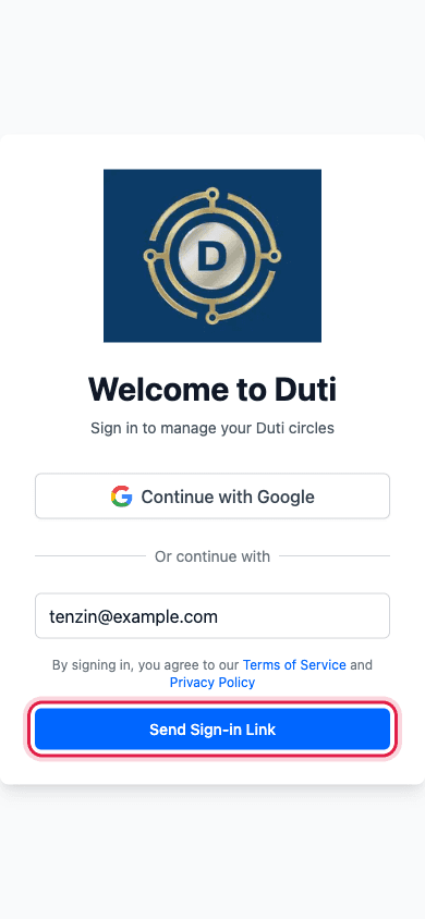 Email address typed in with the Send Sign-in Link button highlighted