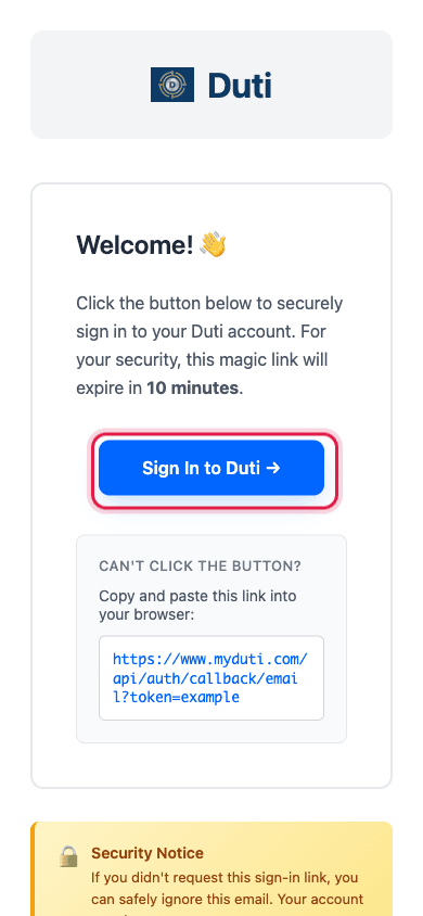 Sign-in email with the Sign In to Duti button highlighted