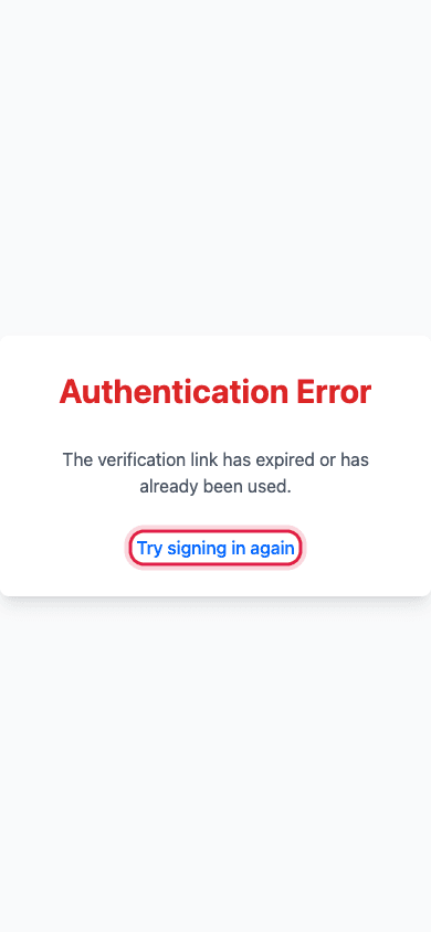 Authentication Error page with the Try signing in again link highlighted