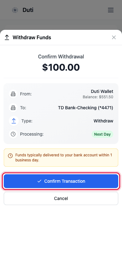 Review and confirm the withdrawal