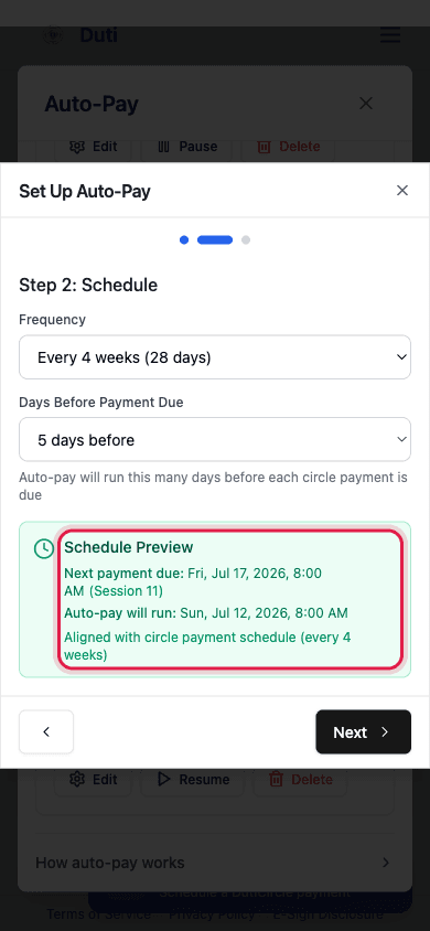 Schedule step with the Schedule Preview showing the next payment due date and when auto-pay will run
