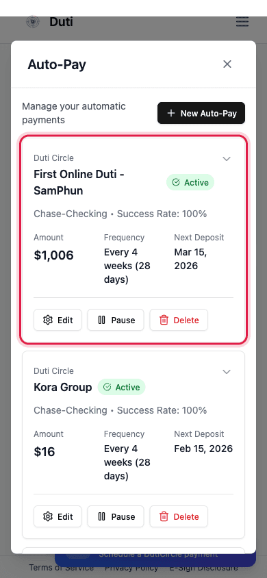 Auto-Pay manager showing an Active auto-pay card with circle, bank, success rate, amount, frequency, and next deposit