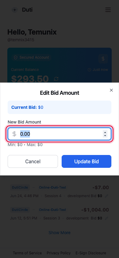 Edit Bid Amount modal with the New Bid Amount field