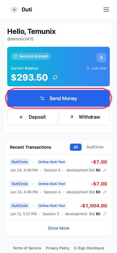 Send Money button in the Duti Wallet