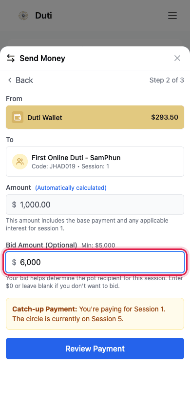 Enter your bid amount then tap Review Payment