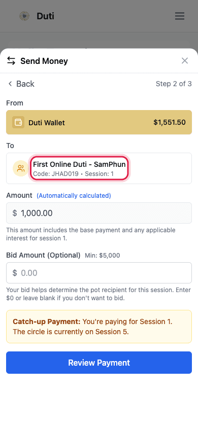 Payment sheet To row showing which session the payment targets