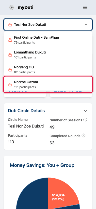 Circle dashboard with the circle selector dropdown open