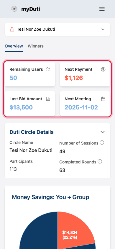 The four dashboard stat cards: Remaining Users, Next Payment, Last Bid Amount, Next Meeting
