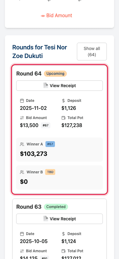 A round card showing date, deposit, bid amount, total pot, and Winner A and B rows