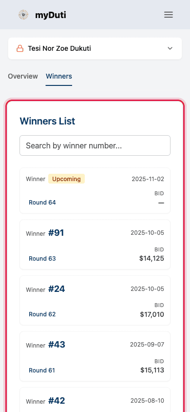The Winners tab with the searchable Winners List of member numbers, rounds, and bids