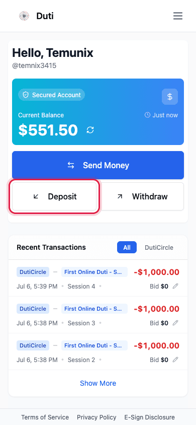 Duti Wallet home with the Deposit button below the balance card