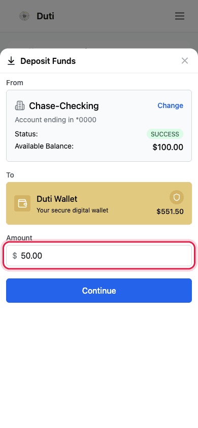 Deposit Funds sheet with a connected bank account and the amount field