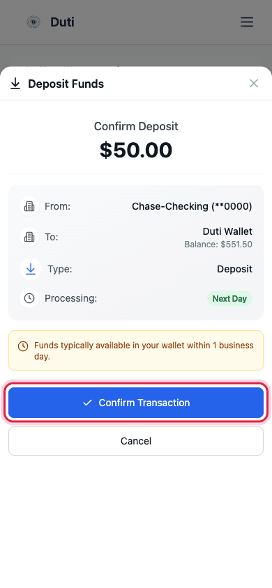 Confirm Deposit review screen with Next Day processing and the Confirm Transaction button