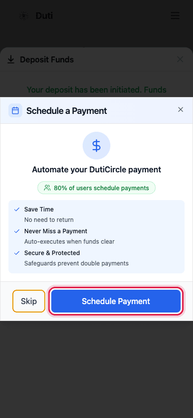 Schedule a Payment window with Skip and Schedule Payment options