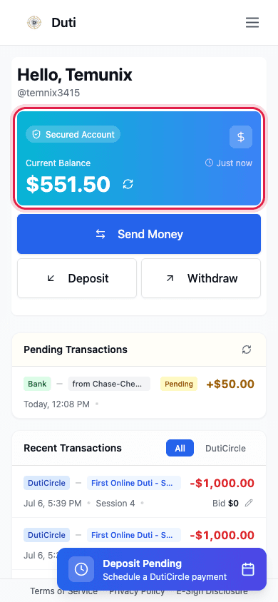 Duti Wallet Current Balance card highlighted