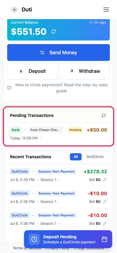 Pending Transactions showing the deposit on its way from the bank