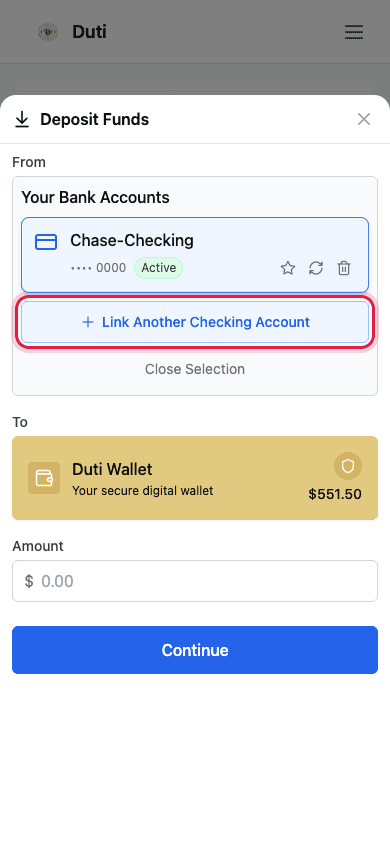 Deposit sheet with the bank account selector open and Link Another Checking Account highlighted