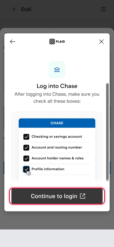 Plaid bank pane showing what will be shared with Duti and the Continue to login button highlighted