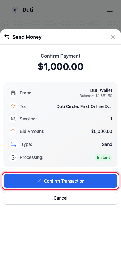 Confirm Payment review screen showing circle, session, and total