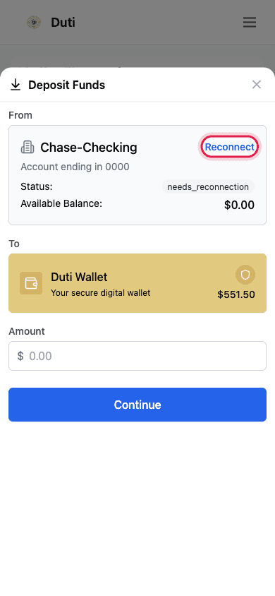 Bank account card showing it needs reconnection with the Reconnect button highlighted