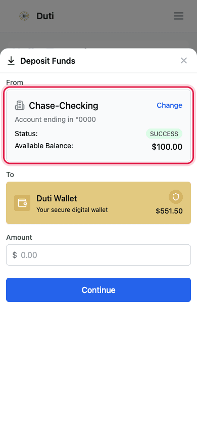 Bank account card in Duti showing a connected status and live available balance